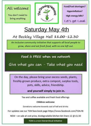 The Growing Network next meet Saturday 4th May 11.00 - 12.30 Beckley Village Hall